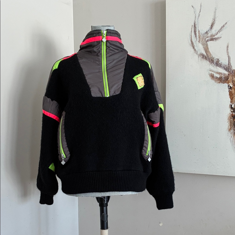 Vintage Black 100% Pure Virgin Wool  Pullover Jacket with Neon Trim